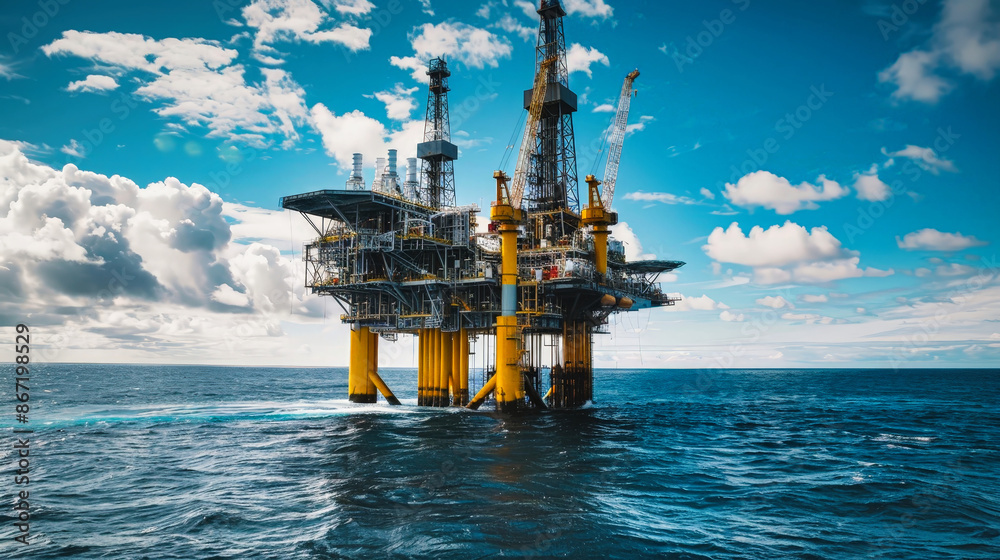 Obraz premium An oil and gas production station stands tall in the vast ocean, surrounded by a mesmerizing blue sky adorned with fluffy white clouds