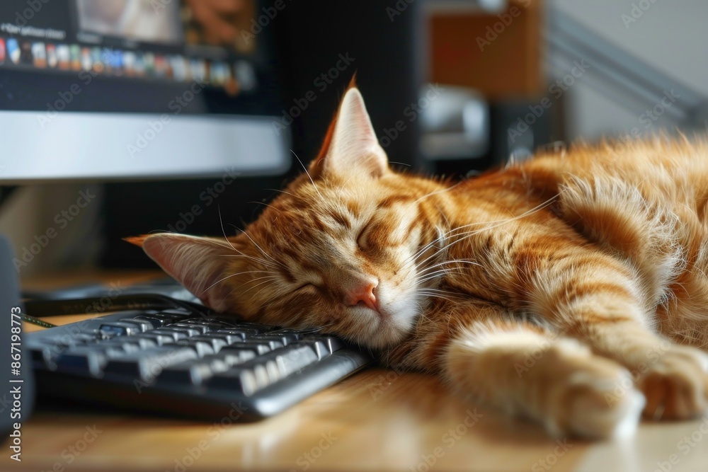 Ginger cat is sleeping on a computer keyboard, enjoying a peaceful moment Ginger cat is sleeping on a computer keyboard, enjoying a peaceful moment