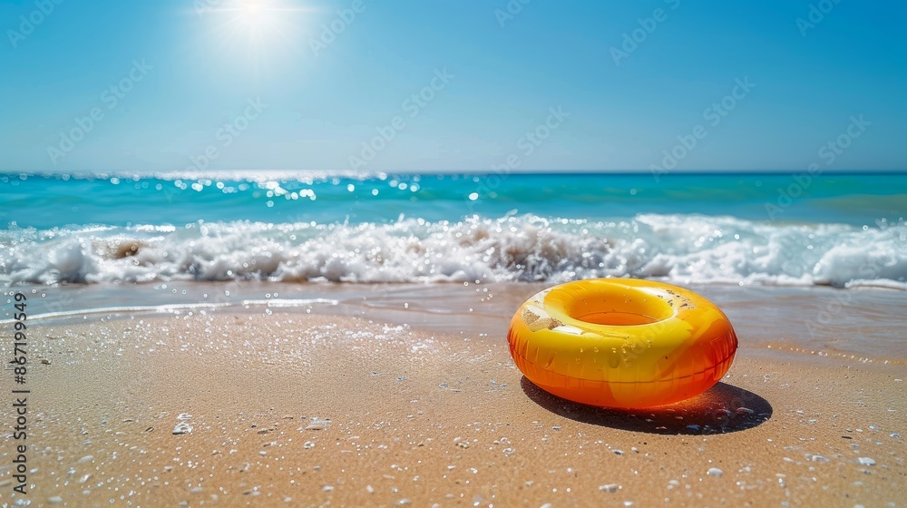 Vibrant rubber ring on a sun-drenched beach, golden sand, clear sky, gentle ocean waves, detailed and inviting summer scene Vibrant rubber ring on a sun-drenched beach, golden sand, clear sky, gentle ocean waves, detailed and inviting summer scene