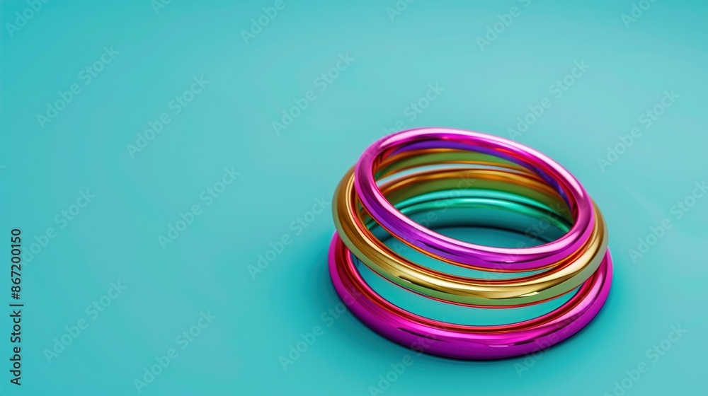 A close-up of a set of colorful stacking rings on a solid turquoise background, with detailed textures and vibrant hues. A close-up of a set of colorful stacking rings on a solid turquoise background, with detailed textures and vibrant hues.