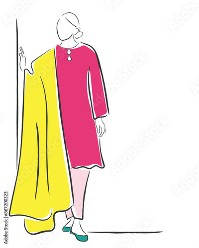 Hand drawn line art vector of Pakistani couture. Women in modest Pakistani dressing.