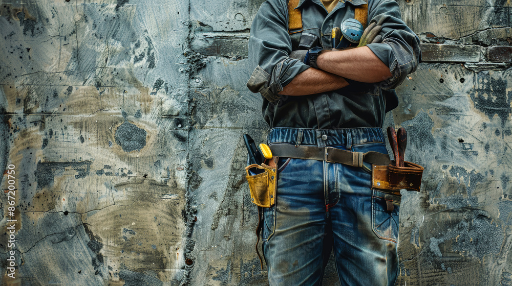 Fototapeta premium A construction worker, dressed in work clothes and a tool belt, stands with arms crossed against a weathered concrete wall, showing the tough nature of his work