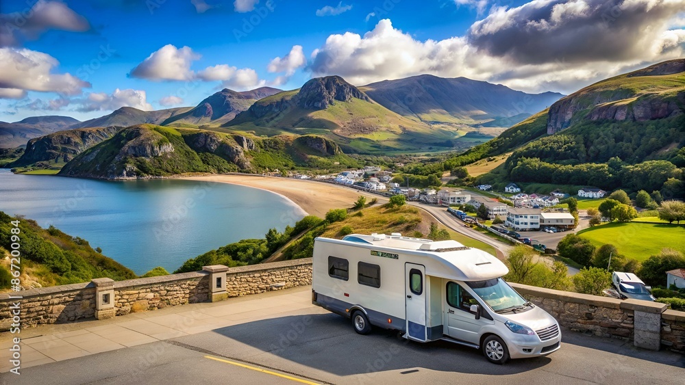 Motorhome parked in car park Snowdonia National Park Barmouth Wales, beautiful coast town in Gwynedd with mountains Motorhome parked in car park Snowdonia National Park Barmouth Wales, beautiful coast town in Gwynedd with mountains