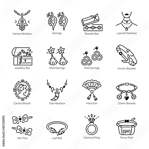 Collection of 16 Jewellery and Accessories Line Icons 

