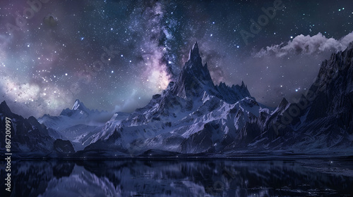 Mountain landscape with snow covered peaks and deep blue sky with stars, Nature mountains travel peak landscape night sky snow blue astronomy space constellation 