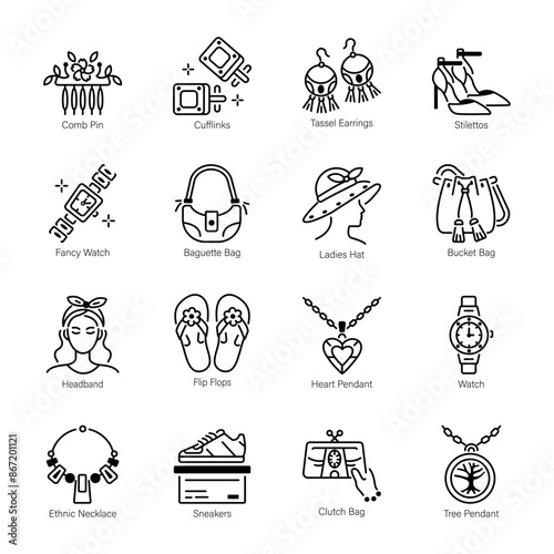 Pack of 16 Jewellery and Fashion Accessories Line Icons 

