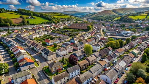 Vertical aerial view looking down on small streets and buildings on a small, residential area of a town (Ebbw Vale, Wales) photo