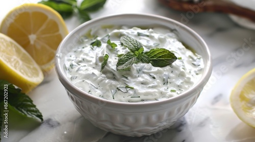 A light and tangy tzatziki sauce featuring fresh herbs and yogurt for a refreshing and flavorful touch to any Mediterranean dish. © Justlight