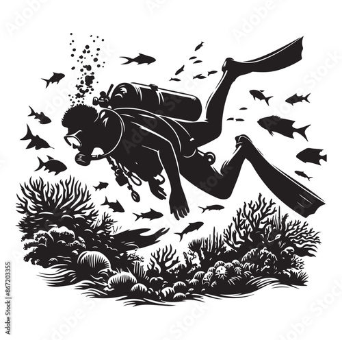 A vector Scuba diving silhouette vector isolated on white background.