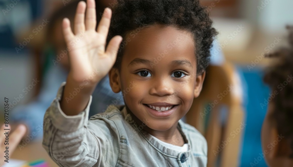 Cheerful little boy raising hand in classroom. AI. Cheerful little boy raising hand in classroom. AI.