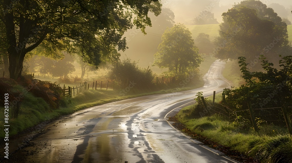 Winding Countryside Road Meandering Through Picturesque Misty Landscape Winding Countryside Road Meandering Through Picturesque Misty Landscape