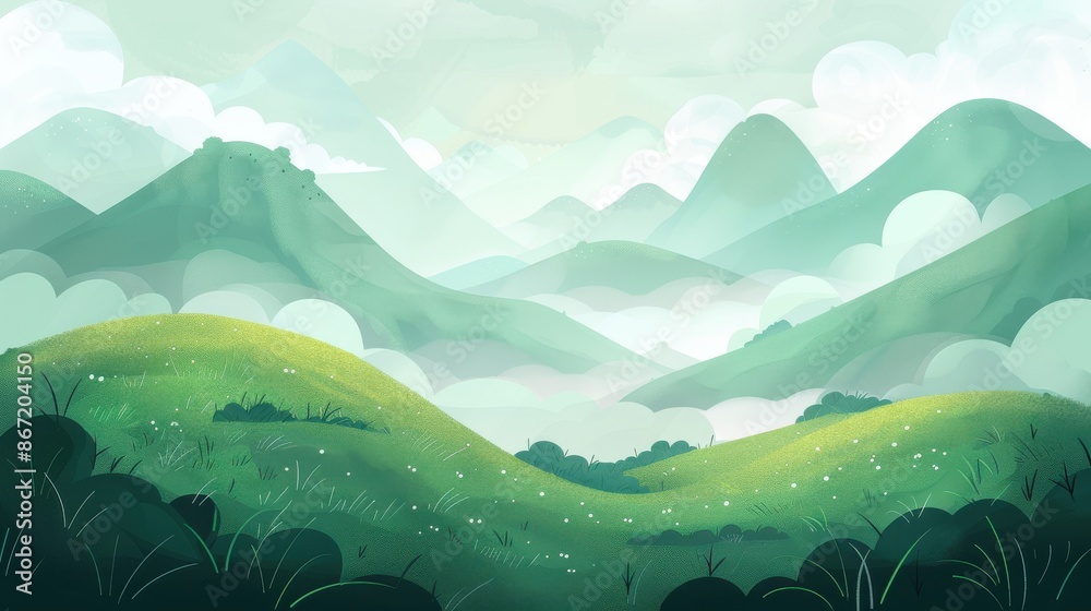 Obraz premium Serene Green Valley. Cartoon Landscape with Rolling Hills and Misty Mountains