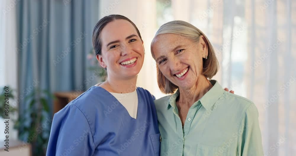 Smile, caregiver and portrait with elderly woman at home for support, healthcare and wellness of medical help. Happy, nurse and patient for kindness, embrace and care for recovery on retirement Smile, caregiver and portrait with elderly woman at home for support, healthcare and wellness of medical help. Happy, nurse and patient for kindness, embrace and care for recovery on retirement