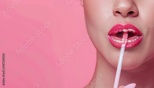 Woman applying lip gloss on pink background, closeup. Space for text