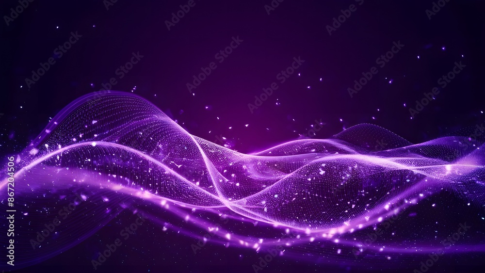 Fototapeta premium Digital purple particles wave and light abstract background with shining dots stars. generative ai