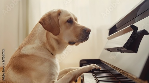 Labrador Dog Playing Musical Piano on Cream Background with Copy Space