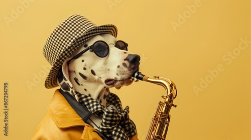 Playful Dalmatian Saxophone Performer on Solid Cream Background
