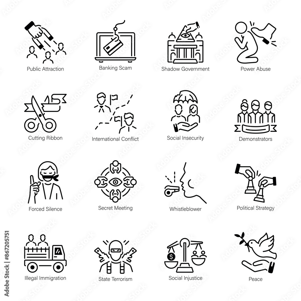 Fototapeta premium Set of 16 Political Issues Line Icons