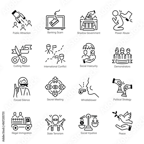 Set of 16 Political Issues Line Icons 

