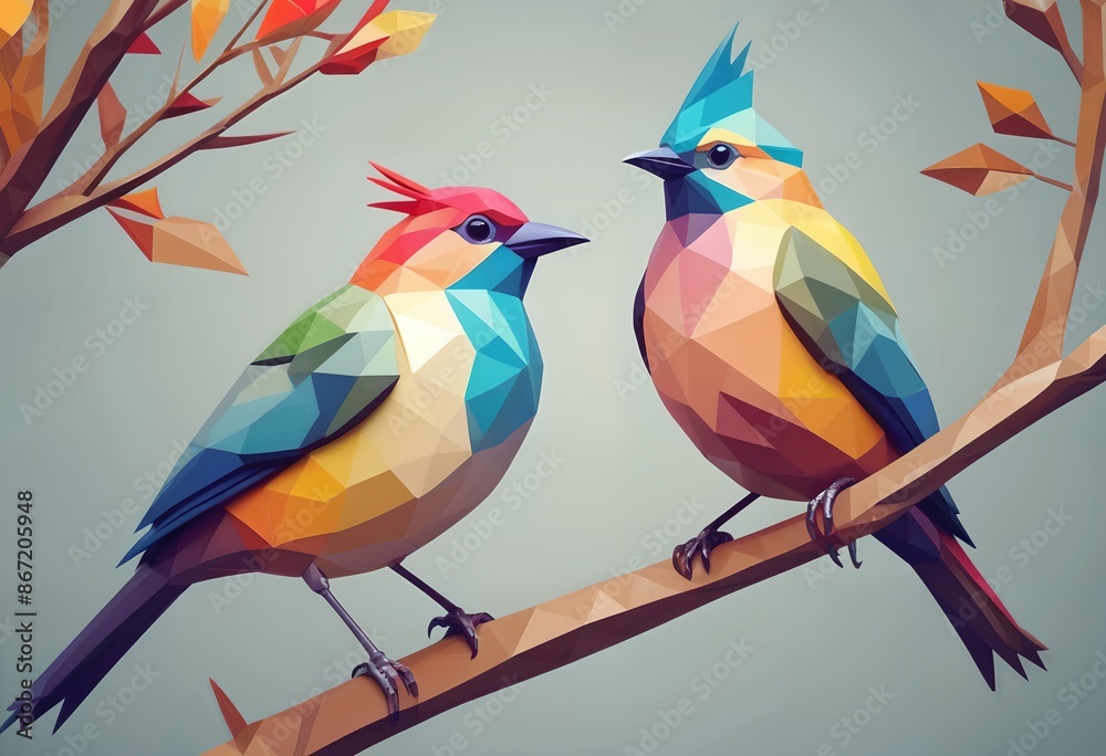 Low polygon style colorful bird on tree branches Low polygon style colorful bird on tree branches