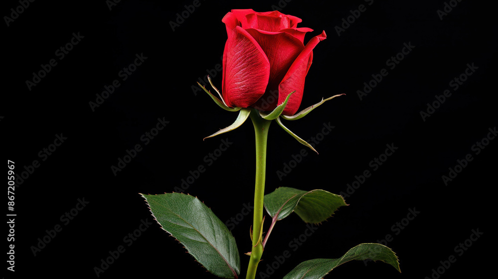 Elegant dark red rose stem with leaves, symbol of love and beauty. Elegant dark red rose stem with leaves, symbol of love and beauty.