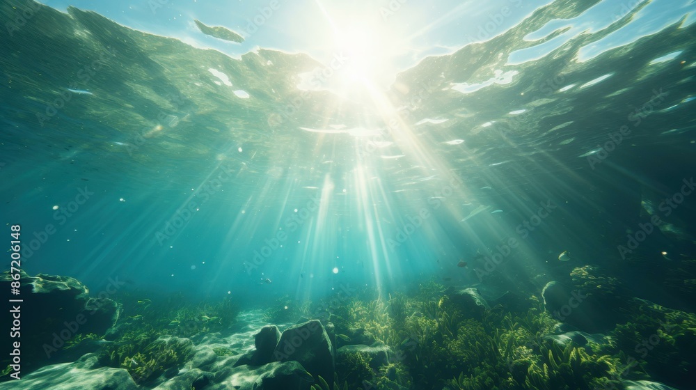 Fototapeta premium Serene underwater imagery with soft blue and green tones and glistening light details.