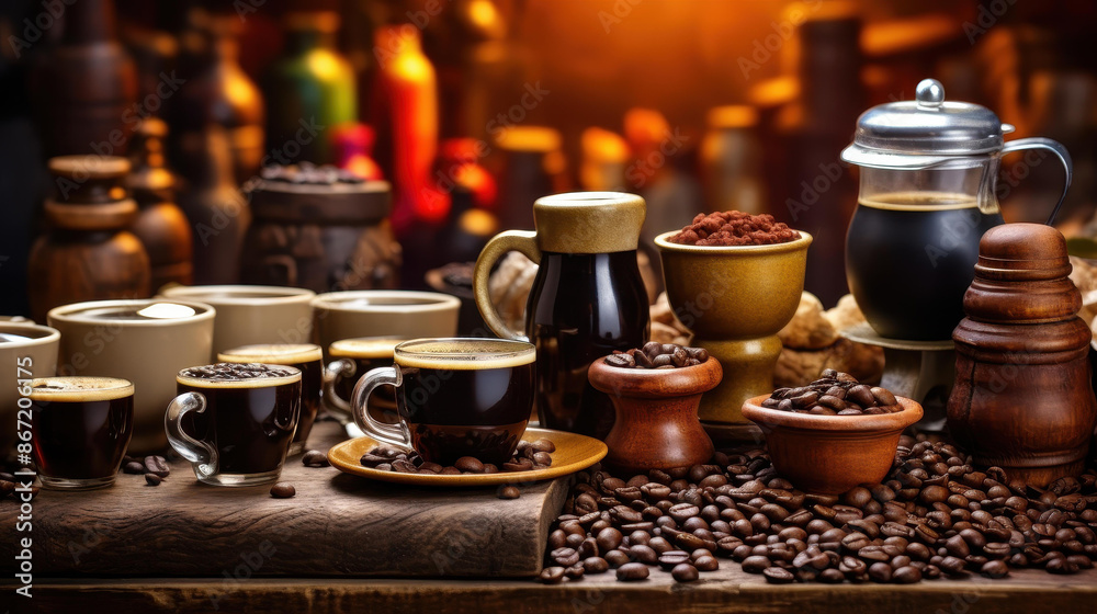 Vibrant coffee cups and beans arranged on rustic wooden table with cocoa powder, ideal for cafes and promotions. Vibrant coffee cups and beans arranged on rustic wooden table with cocoa powder, ideal for cafes and promotions.