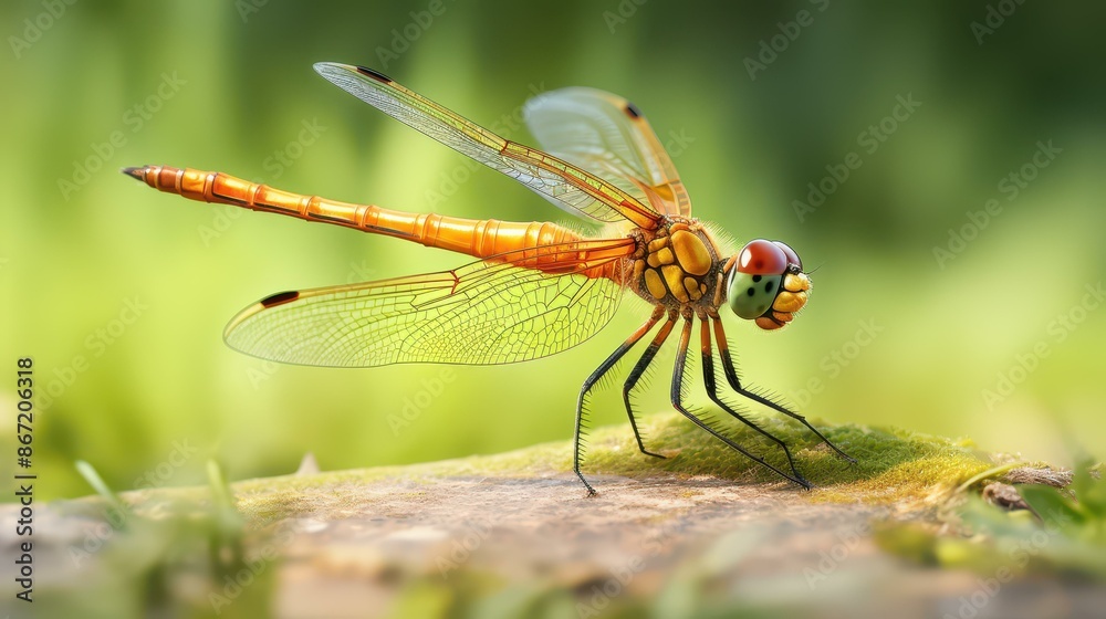 Detailed illustration of a dragonfly with wings and an orange abdomen. Detailed illustration of a dragonfly with wings and an orange abdomen.