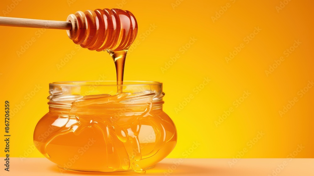 Sweet honey in a glass jar with a wooden dipper on a vibrant yellow backdrop. Sweet honey in a glass jar with a wooden dipper on a vibrant yellow backdrop.