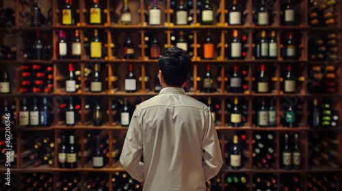 Man in front of wine shelf