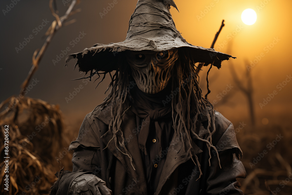 Fototapeta premium A sinister scarecrow in a cornfield, its head a carved pumpkin and its clothes in tatters