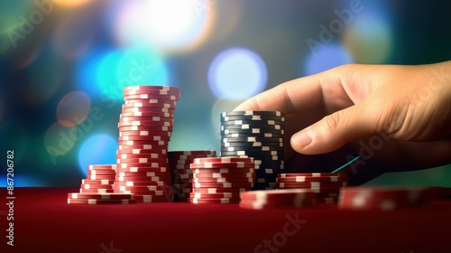 Vibrant poker chips stacked on a casino table with players hands in the backdrop, showcasing the thrill of gambling.