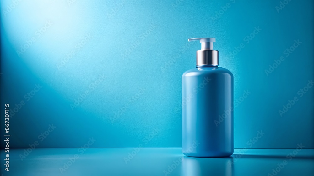 The image is of a blue plastic bottle with a white pump dispenser. It is sitting on a blue table against a blue background. The bottle is unlabeled. The image is of a blue plastic bottle with a white pump dispenser. It is sitting on a blue table against a blue background. The bottle is unlabeled.