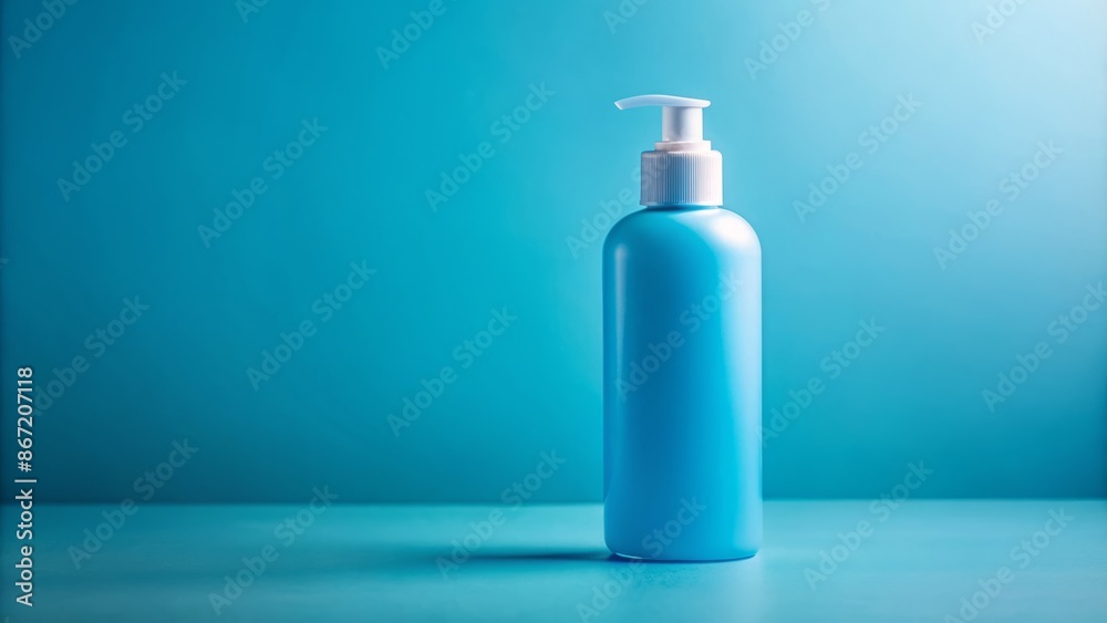 The image shows a single blue plastic bottle of liquid soap or hand sanitizer against a blue background. The image shows a single blue plastic bottle of liquid soap or hand sanitizer against a blue background.