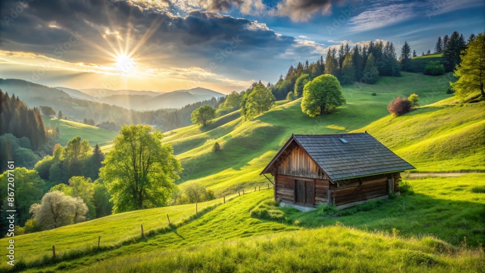 A lush green hillside with a small cabin nestled into it. The sun is shining brightly and there are trees and mountains in the background. A lush green hillside with a small cabin nestled into it. The sun is shining brightly and there are trees and mountains in the background.