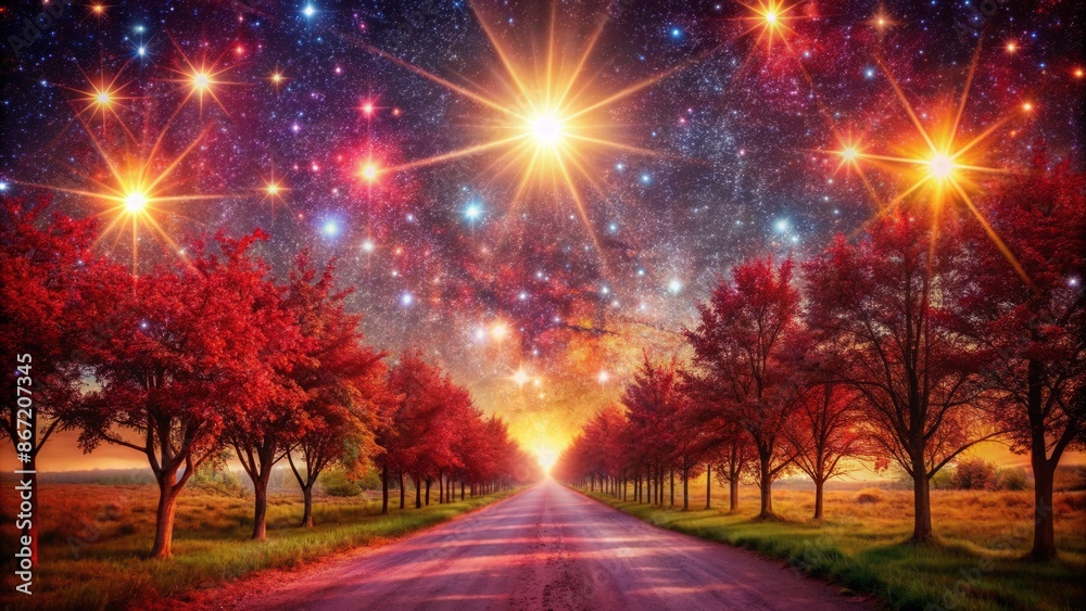 Fototapeta premium A long and winding road surrounded by red trees leads to a bright light in the distance. The sky is dark and filled with stars.
