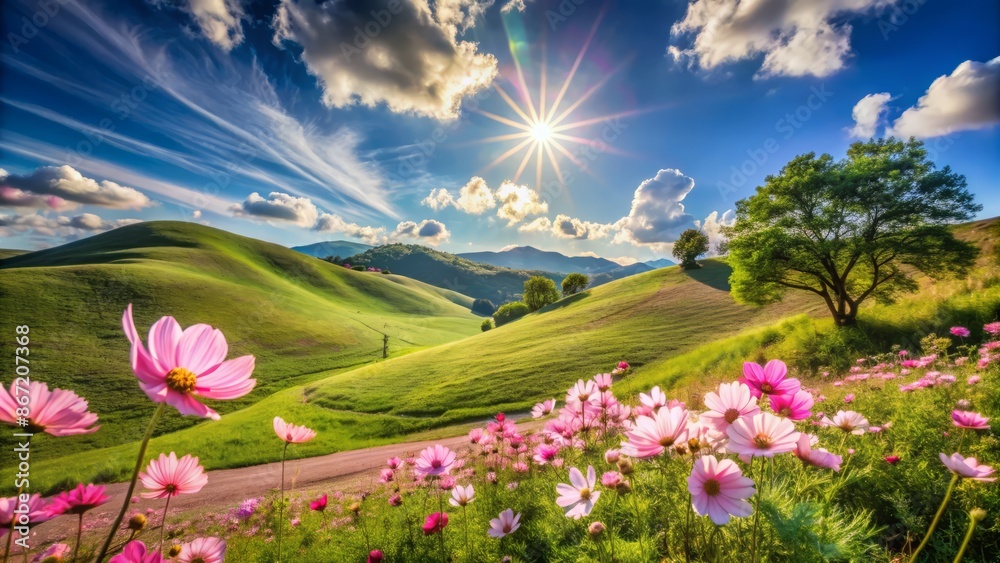 Obraz premium The image is a beautiful landscape of a valley with a winding road, green hills, and a blue sky. The valley is filled with pink flowers. The image is very peaceful and serene.