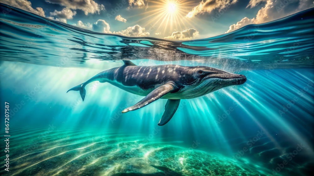 This is an image of a whale swimming underwater. The whale is blue and ...