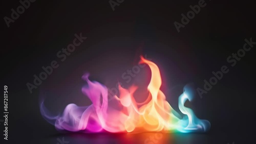 Colorful neon flames dance against a dark background. Vibrant hues of pink, orange, blue, and green create an ethereal, mesmerizing display of light and energy.	