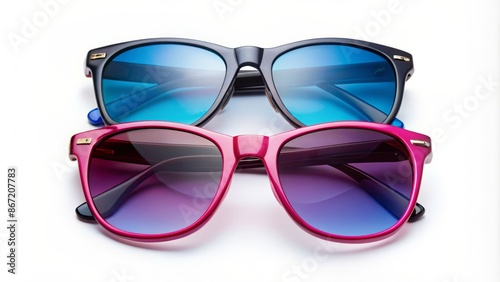  A pair of black sunglasses with blue lenses on top of a pair of pink sunglasses with purple lenses.