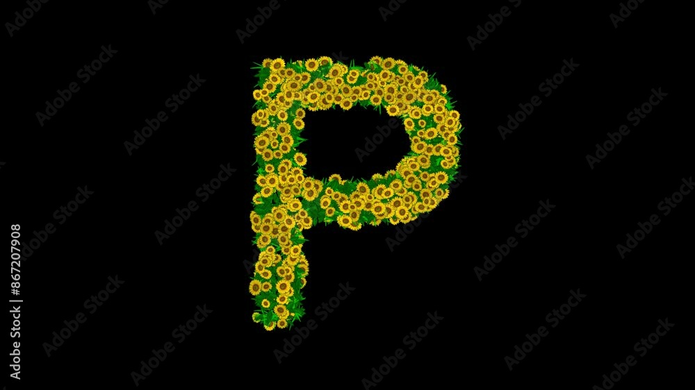 English alphabet P with green leaves and yellow daisy flowers on plain black background English alphabet P with green leaves and yellow daisy flowers on plain black background
