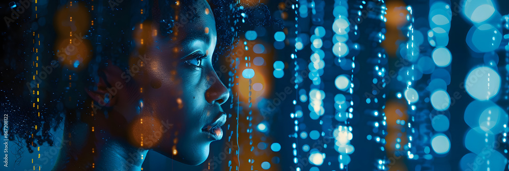 AI cyber hacking concept banner. Black female cyberspace security IT ...
