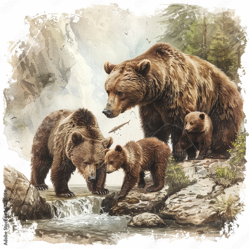 Obraz premium Vintage-style illustration of a family of bears fishing in a river, with detailed textures and a white background