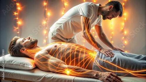  The image shows a man receiving a massage. The therapist is using his hands to apply pressure to the man's back. photo