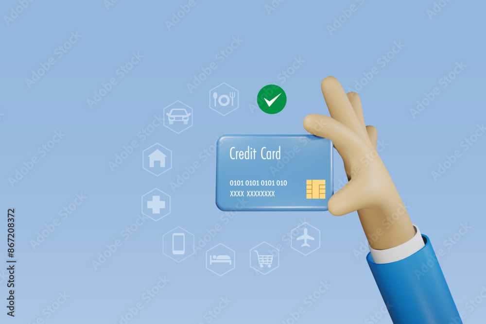 Credit card shopping with secure financial system. Hand holding credit card with financial expense icons. Money spending, online shopping with protection. 3D vector. Credit card shopping with secure financial system. Hand holding credit card with financial expense icons. Money spending, online shopping with protection. 3D vector.