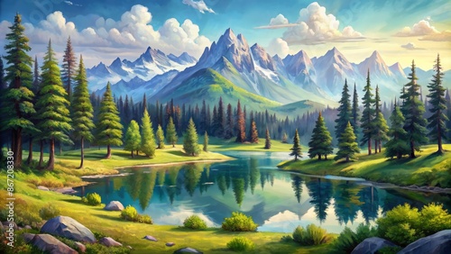  The painting is of a beautiful mountain landscape. There is a crystal clear lake in the foreground, reflecting the snow-capped mountains in the background.  © Man888