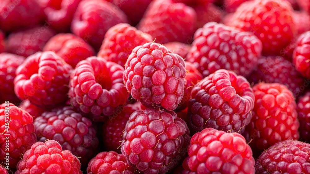 A close-up image of a bunch of fresh raspberries. A close-up image of a bunch of fresh raspberries.