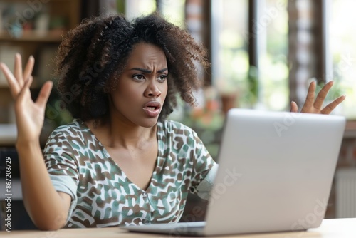 Frustrated african american woman faces online payment error with credit card on laptop at home