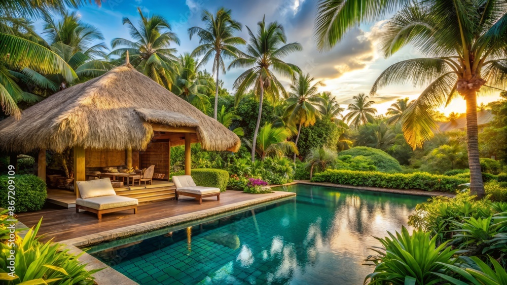Fototapeta premium Crystal-clear water invites guests to relax in a luxurious resort pool, swaying palm trees lining the beachfront