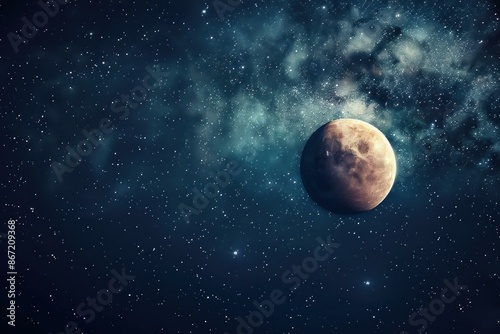 Bright full moon is shining over a dark blue night sky filled with stars © ylivdesign